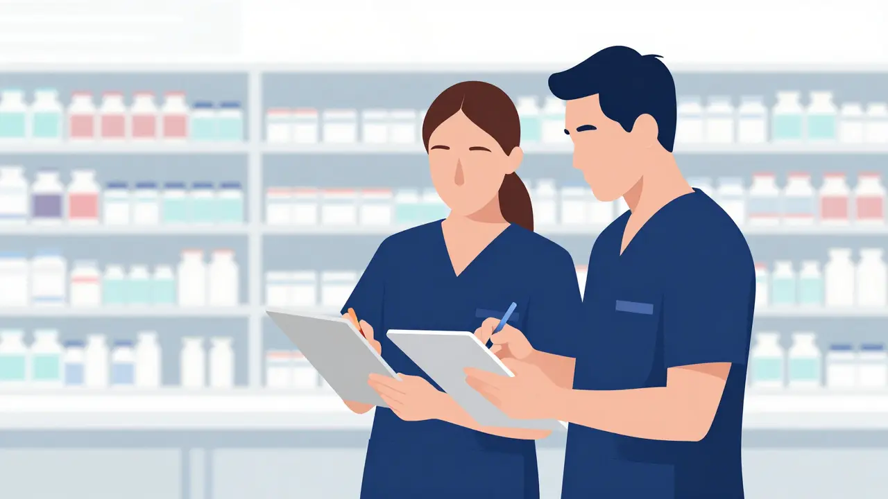 Dos profesionales de salud verificando juntos la dosis de un medicamento en un hospital.