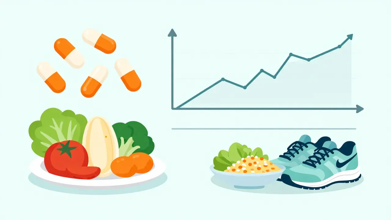 Ilustración de equilibrio entre medicación, dieta saludable y ejercicio físico