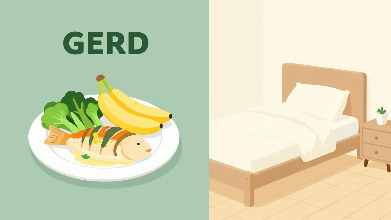 Ilustración plana de comida saludable y una cama elevada para evitar el reflujo.