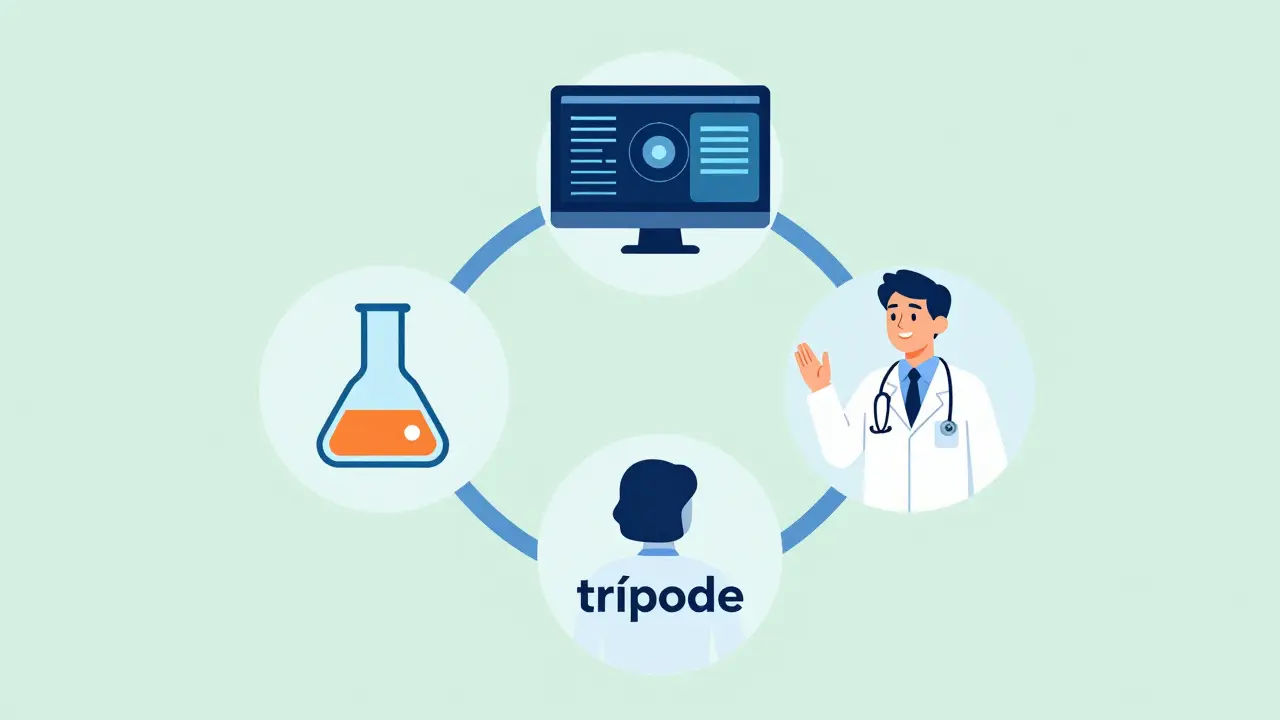 Ilustración plana del trípode de seguimiento: análisis, imagen y evaluación clínica.