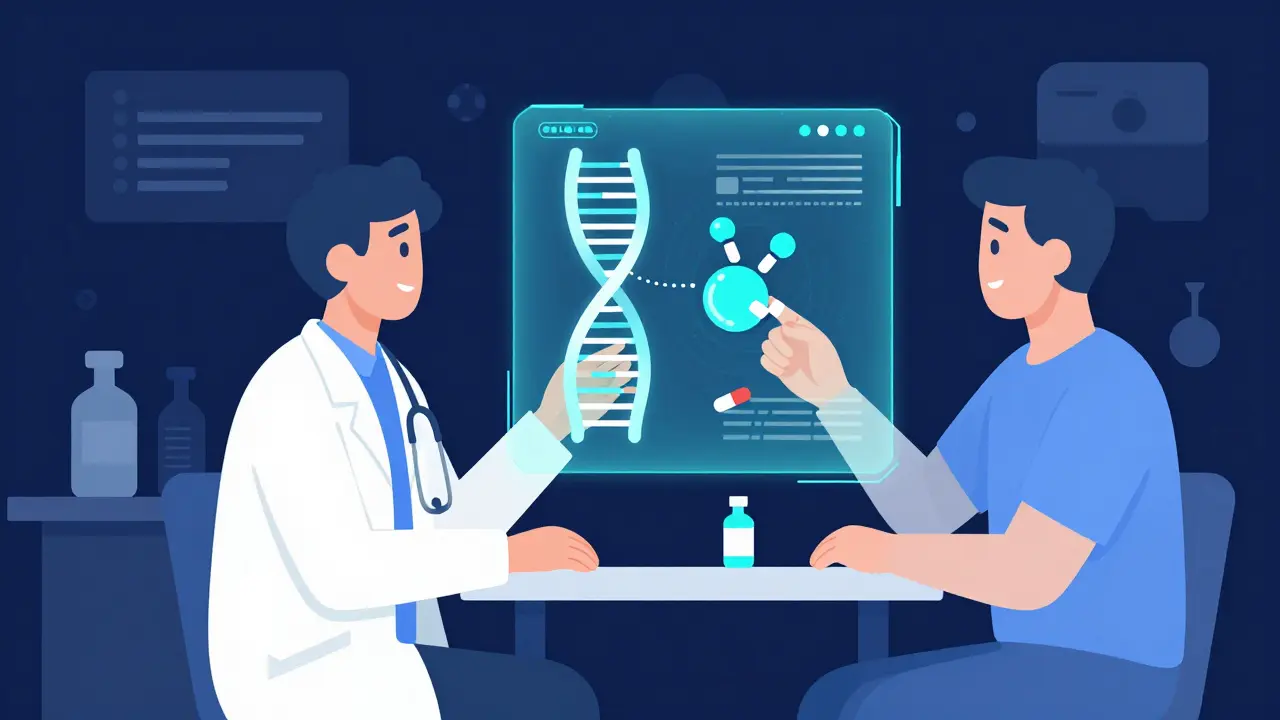Interfaz de IA sugiriendo medicamentos personalizados basados en genética