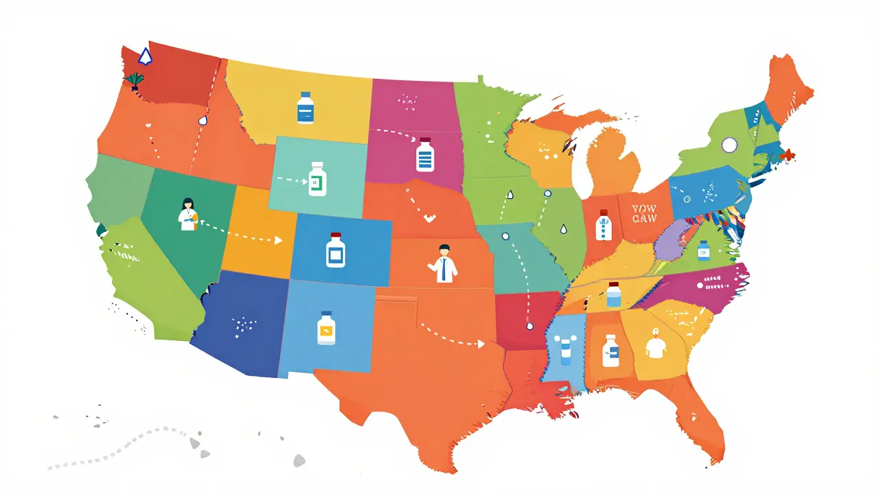 Mapa de EE. UU. como un rompecabezas colorido que representa la fragmentación de las leyes farmacéuticas.