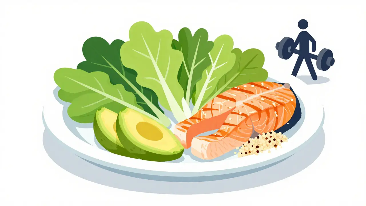 Plato de comida saludable con vegetales, proteína y carbohidratos complejos en estilo de ilustración plana.