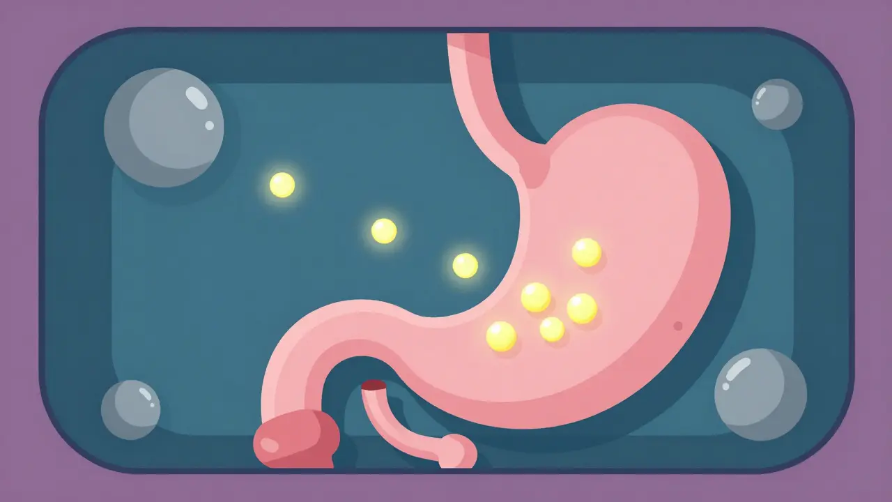 Representación conceptual de los minerales bloqueando la absorción de un fármaco en el estómago.