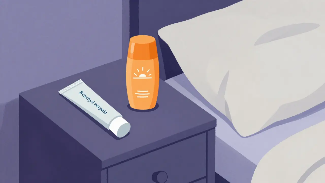 Rutina de cuidado de la piel con gel de peróxido de benzoilo, protector solar y una funda de almohada clara.