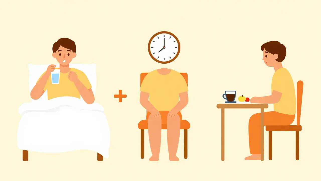 Secuencia ilustrada del protocolo correcto: toma de pastilla, espera de 30 minutos y desayuno.