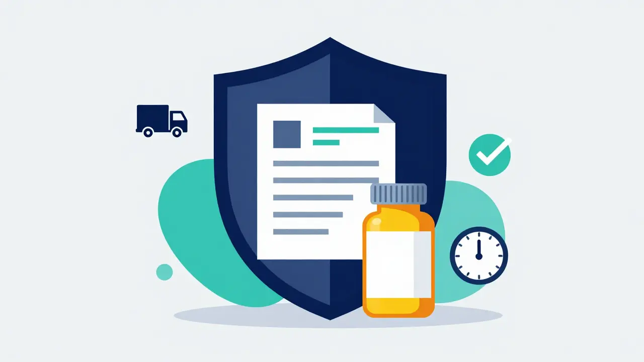 Símbolo de escudo protegiendo una receta médica y medicinas para compra segura