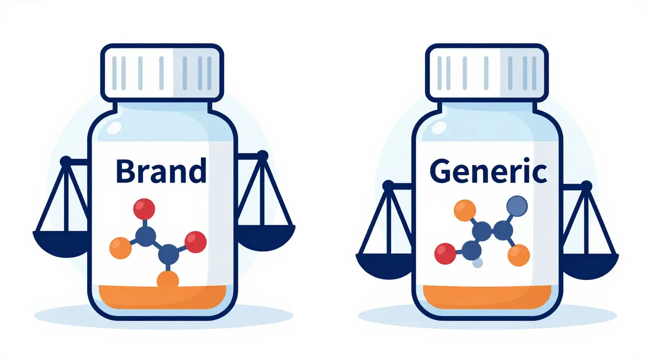 Botellas de medicamentos comparando equivalencia genérica