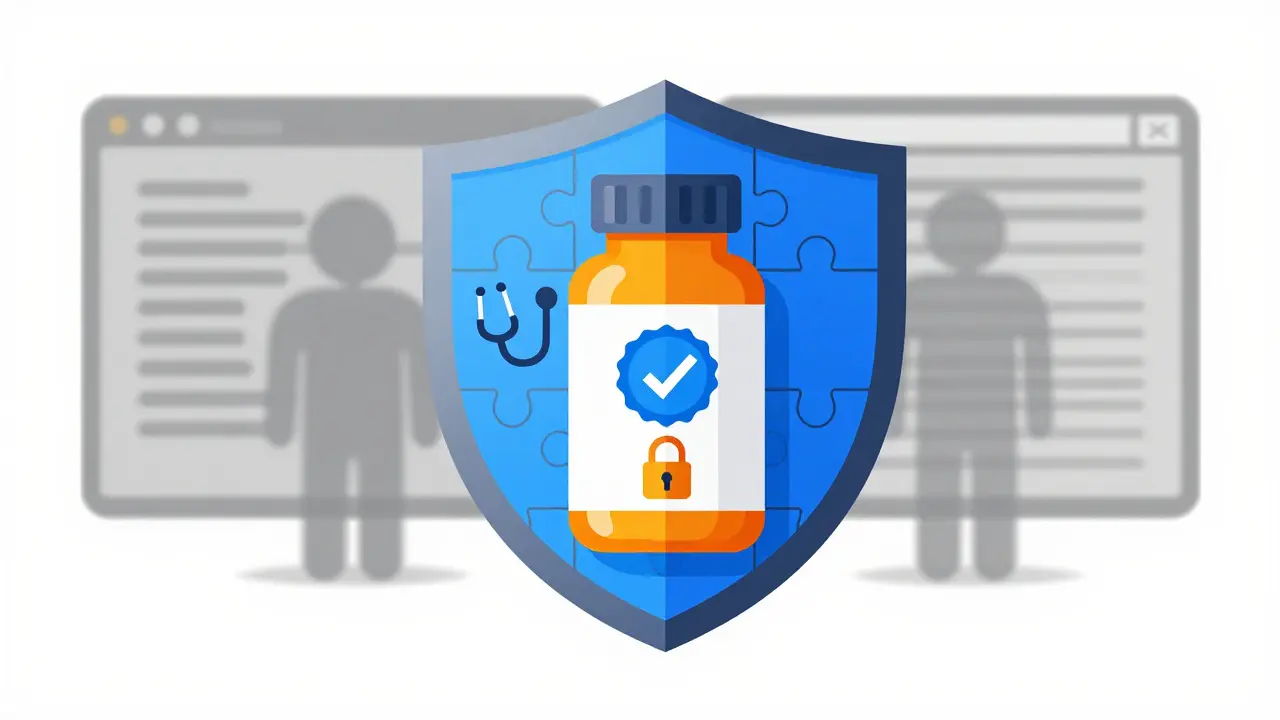 Escudo protector bloqueando medicamentos falsos online