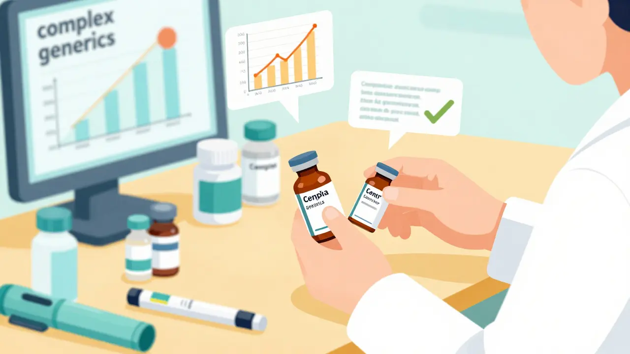Farmacéutico evaluando medicamentos genéricos complejos con gráficos