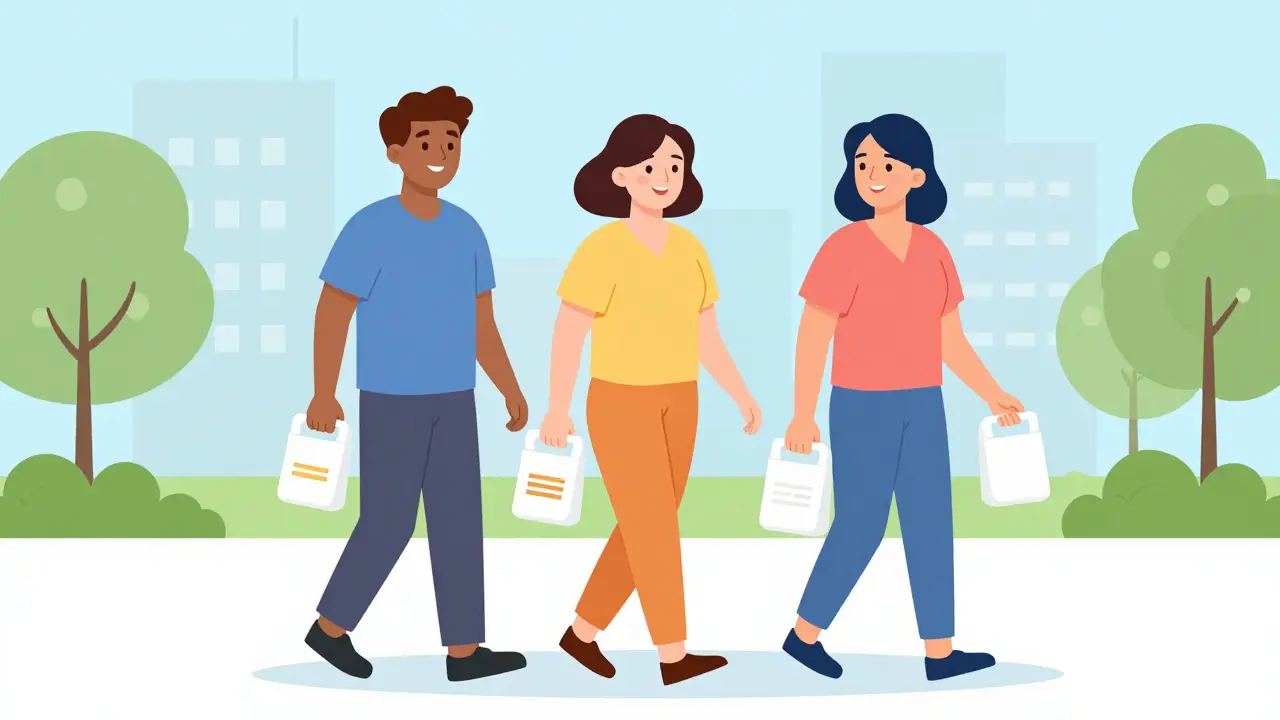 Grupo diverso de personas felices caminando en un parque con bolsas de recetas