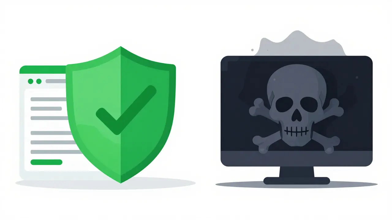 Ilustración plana comparando farmacia online segura con sitio web peligroso y fraudulento