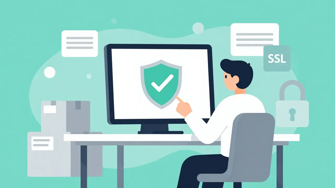 Ilustración plana de compra segura y verificación de farmacia online