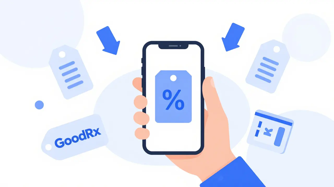 Ilustración plana: persona usando app móvil para obtener descuentos en medicamentos genéricos.