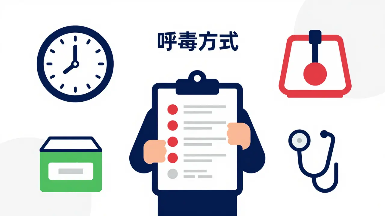 Lista de verificación con iconos de hora, peso y medicamento
