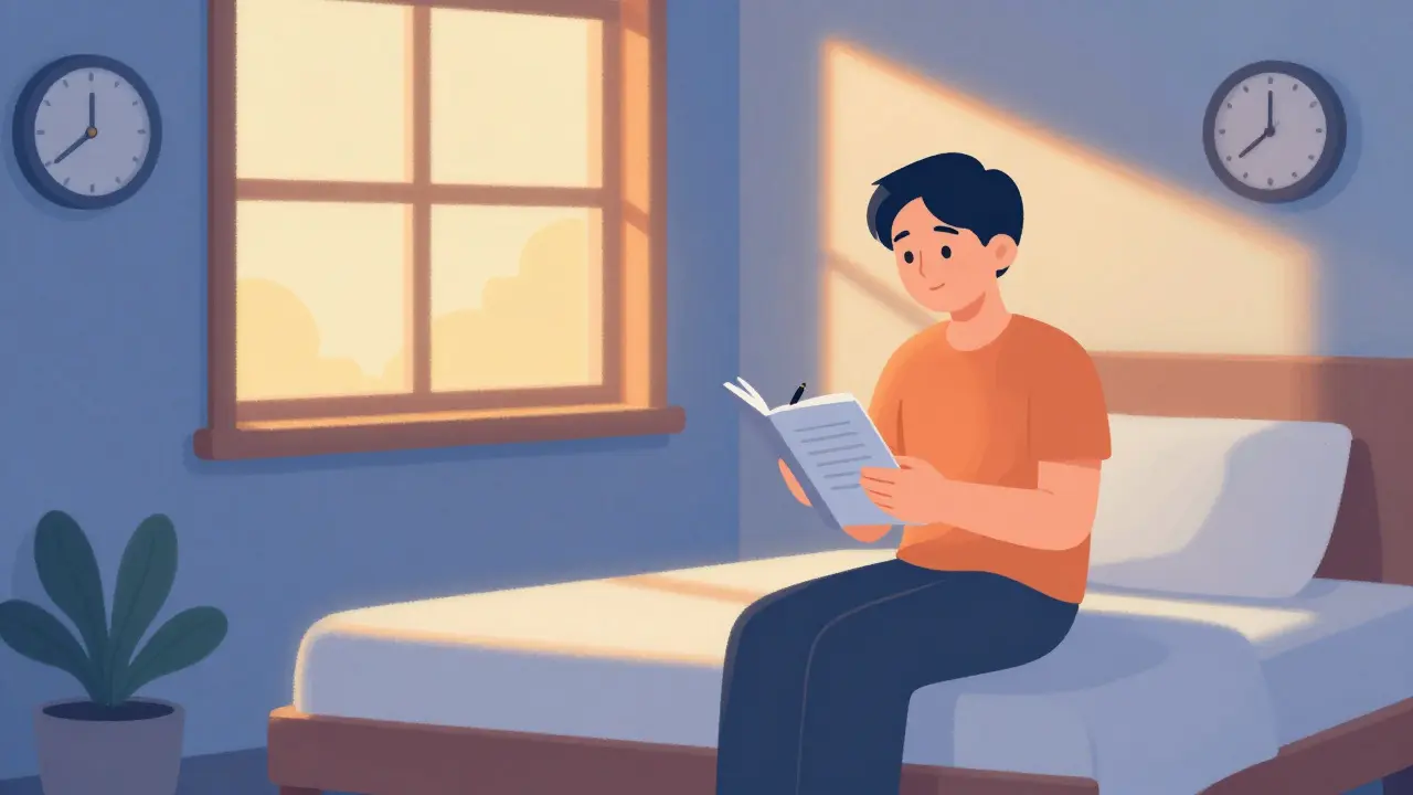 Persona tranquila escribiendo su diario de sueño al amanecer