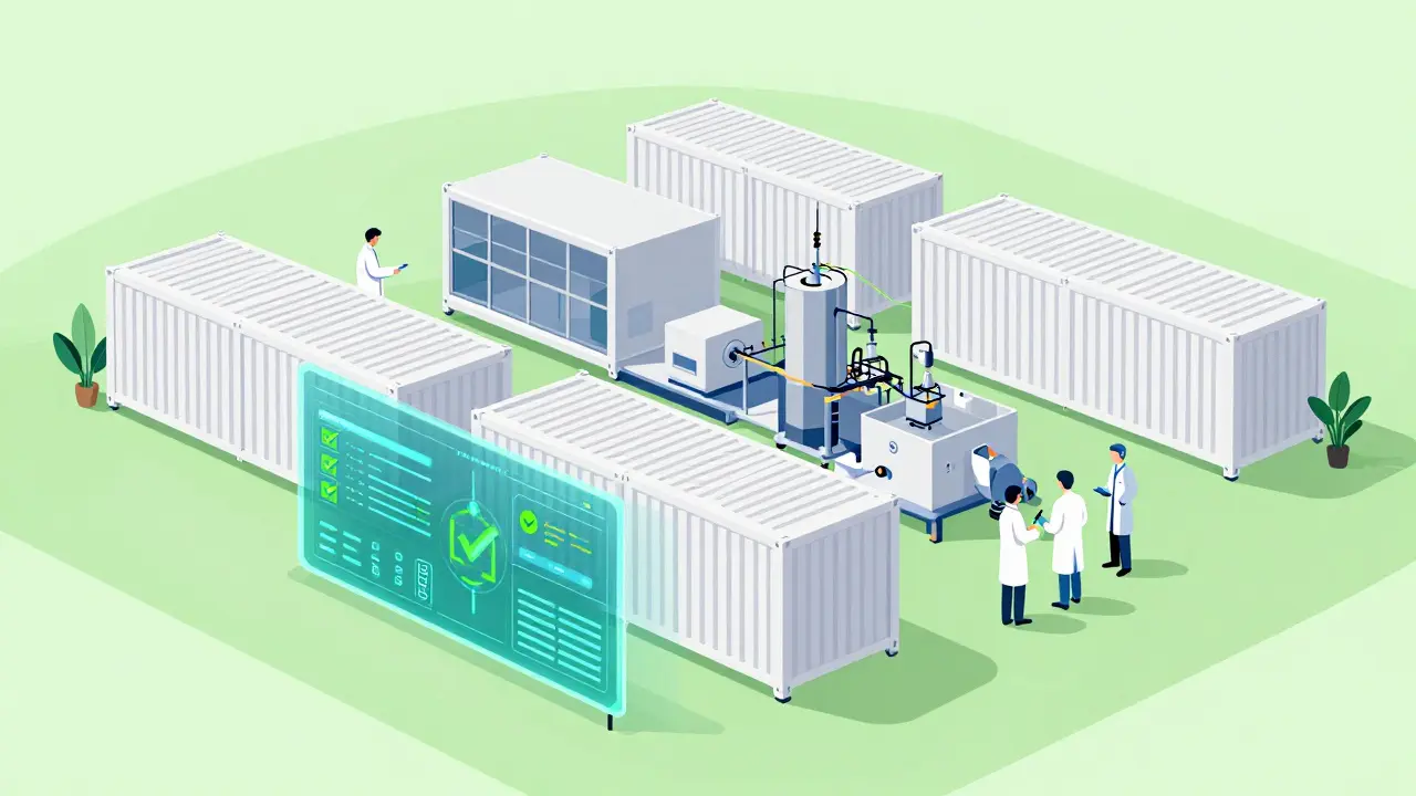 Planta farmacéutica modular moderna con tecnología de IA predictiva