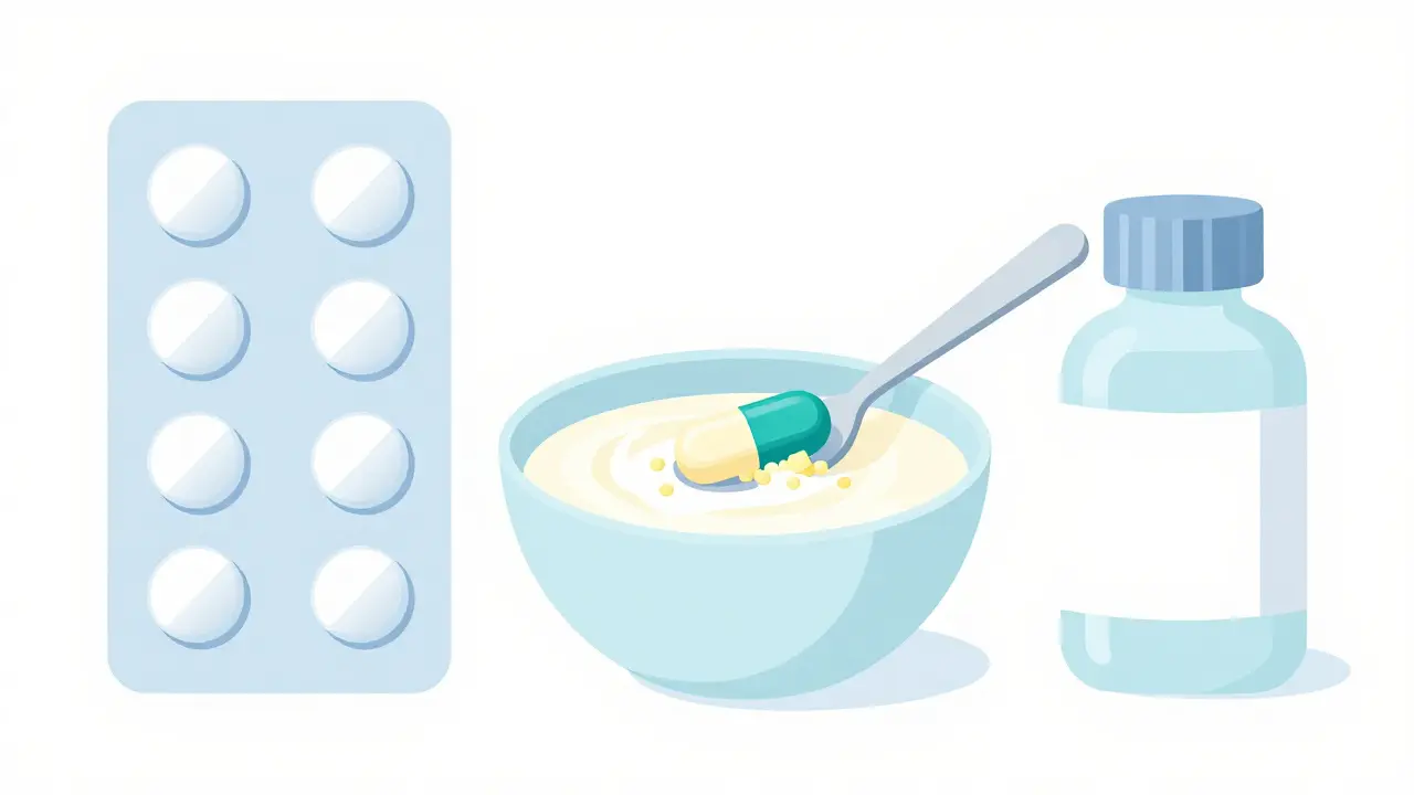 Varios formatos de medicamento genérico: pastillas, cápsulas y líquido sobre superficie blanca