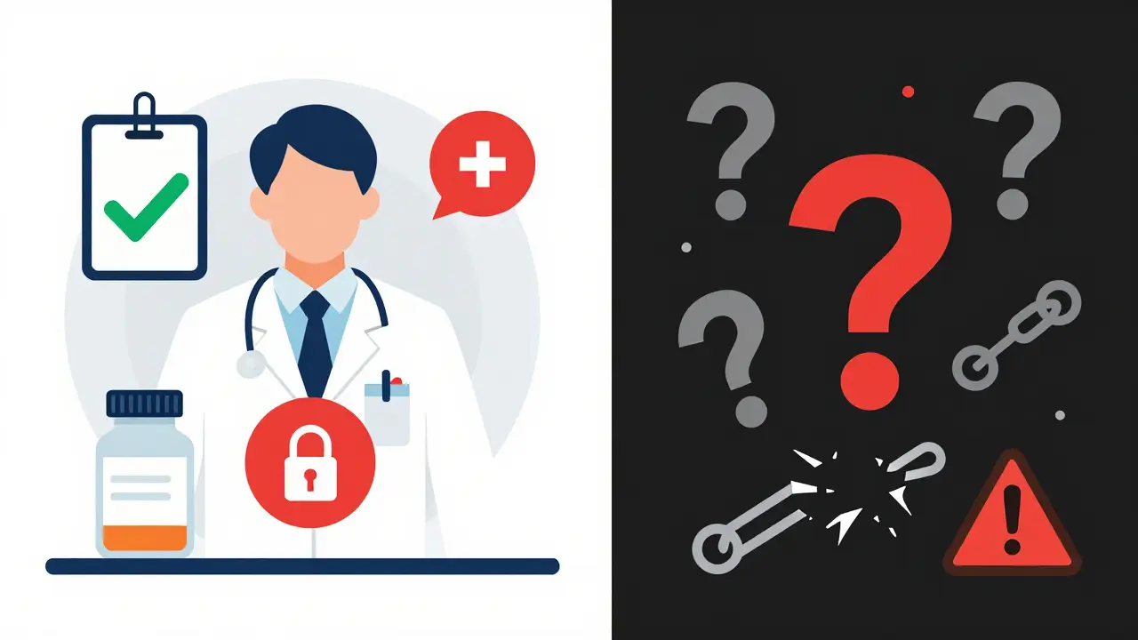 Comparación visual entre farmacias seguras y riesgosas