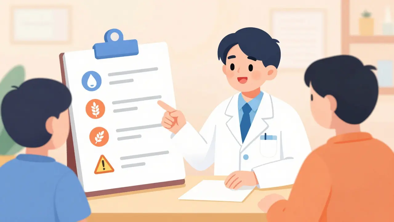 Farmacéutico señalando una lista de verificación de sensibilidades hacia un paciente