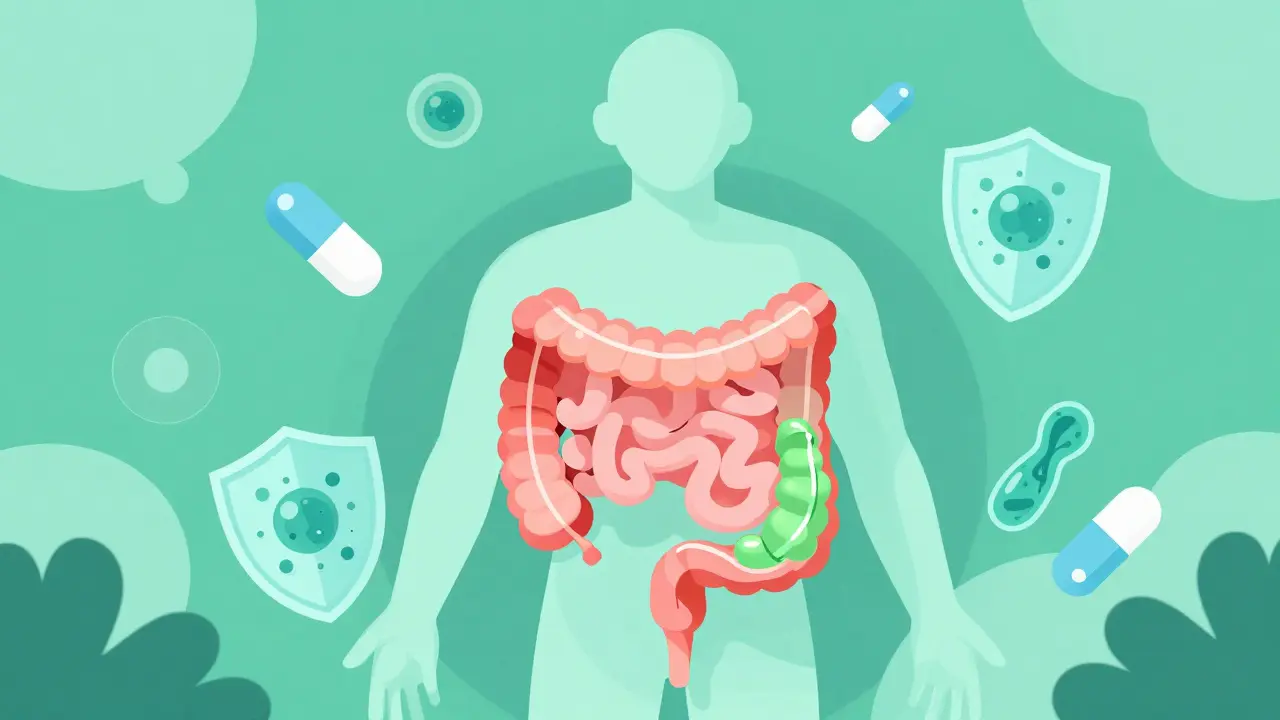 Ilustración plana de restauración del microbioma intestinal y tratamiento