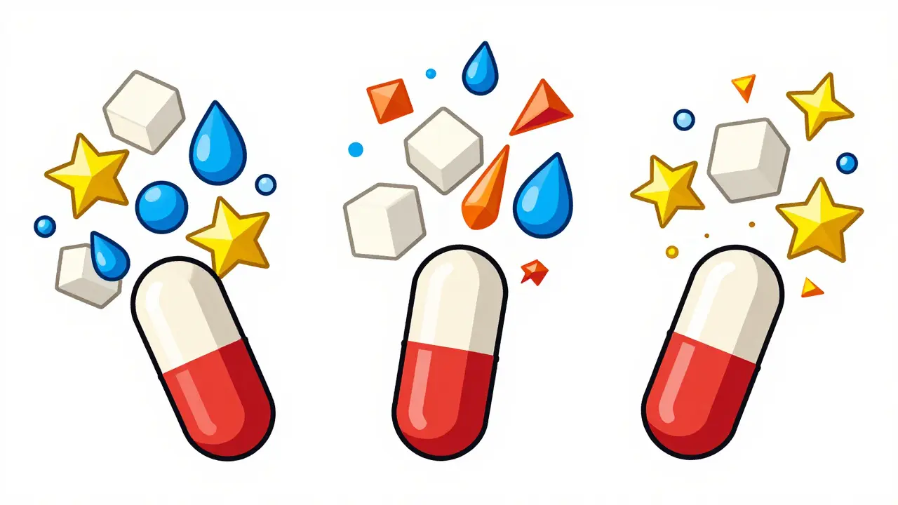 Ilustración plana mostrando pastillas que se descomponen en formas geométricas de excipientes