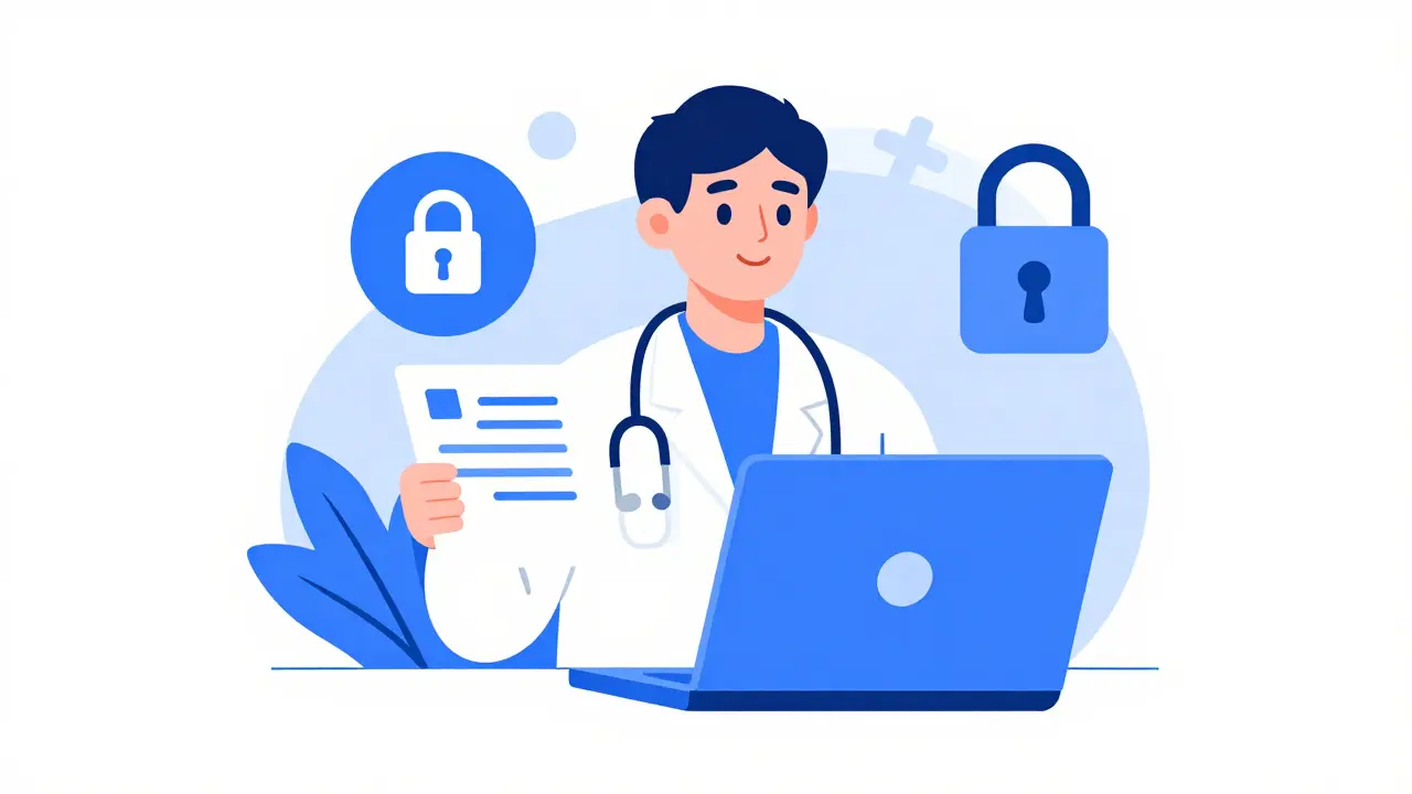 Médico virtual emitiendo receta segura en estilo plano