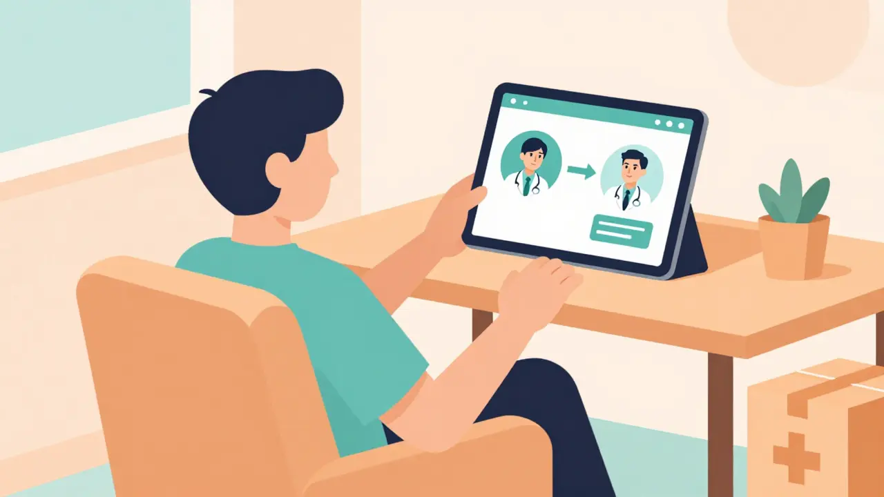 Persona usando tableta para telemedicina con caja de envío en casa