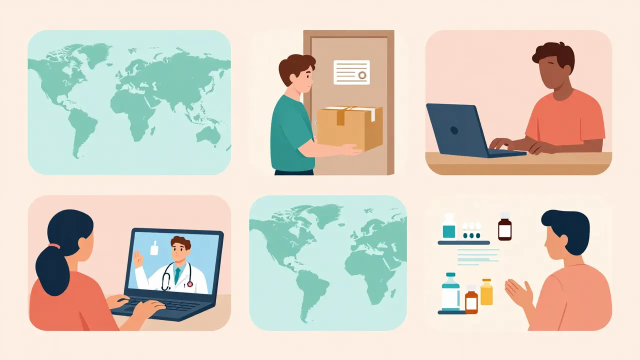 Personas usando telemedicina y verificando envíos internacionales