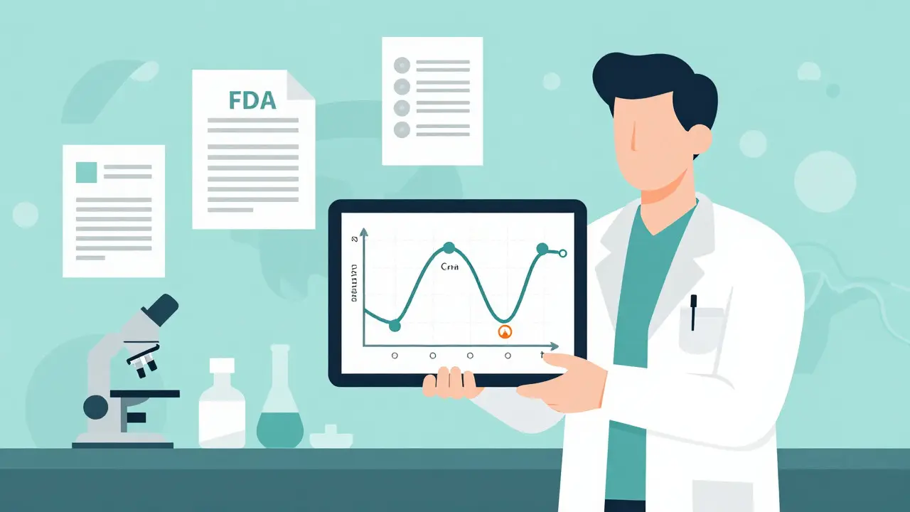 Científico evaluando curvas farmacocinéticas en laboratorio moderno