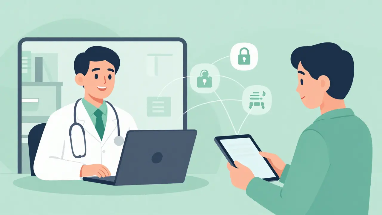 Consulta médica virtual segura entre doctor y paciente vía videollamada