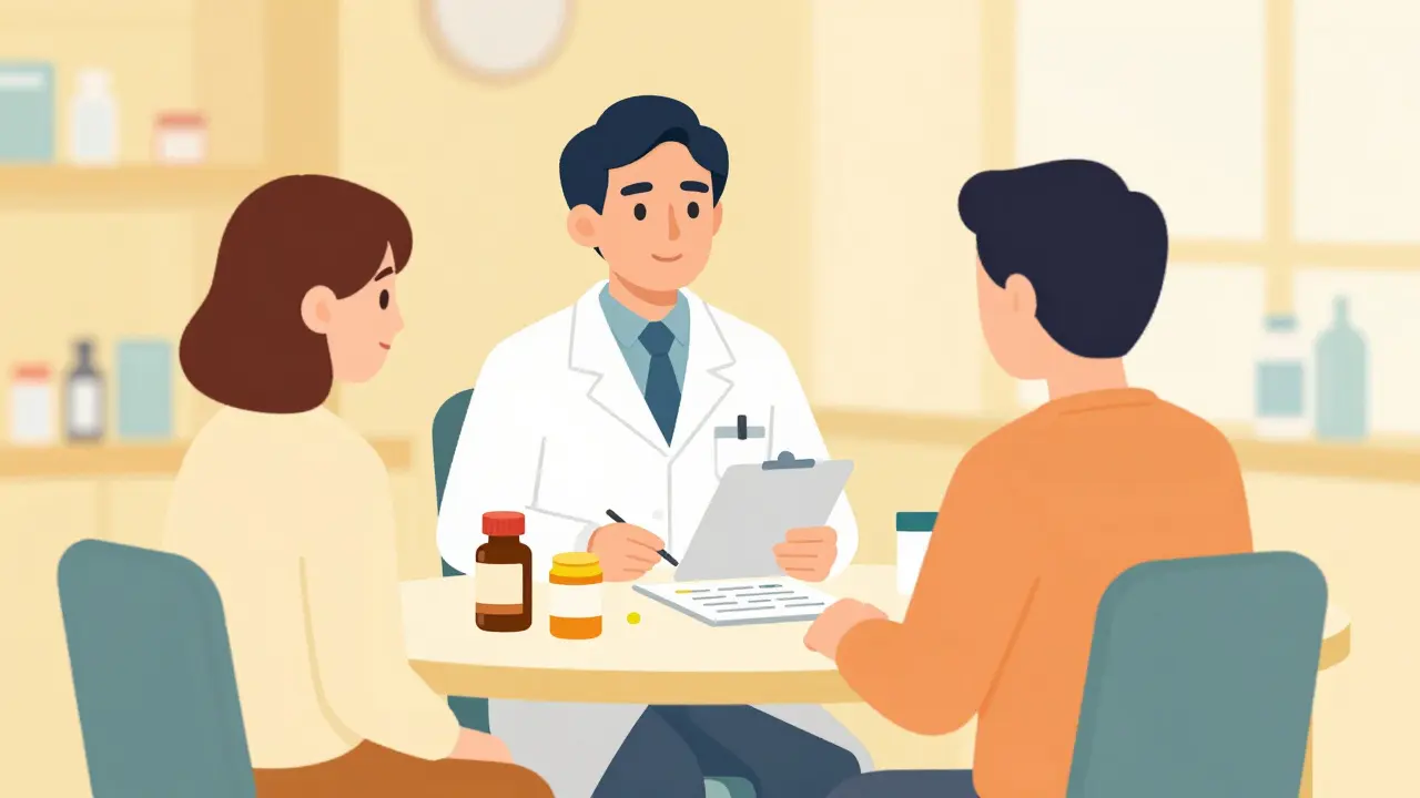 Consulta privada donde se revisan botellas de medicamentos y listas