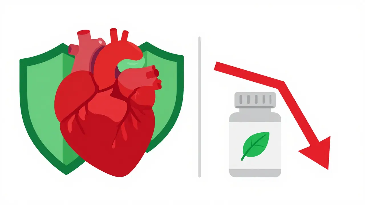 Corazón protegido y pastilla simbolizando beneficios sistémicos