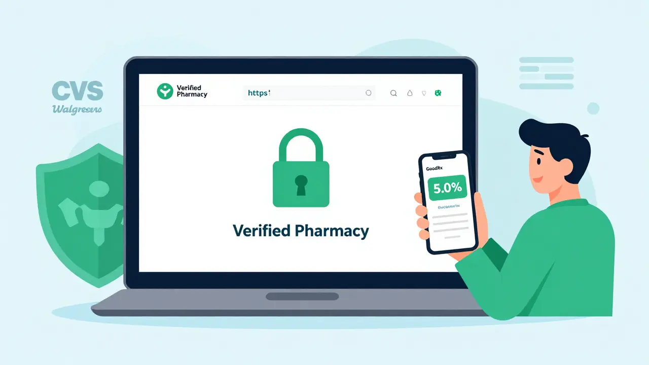 Escena de compra segura online con iconos de verificación y cupones