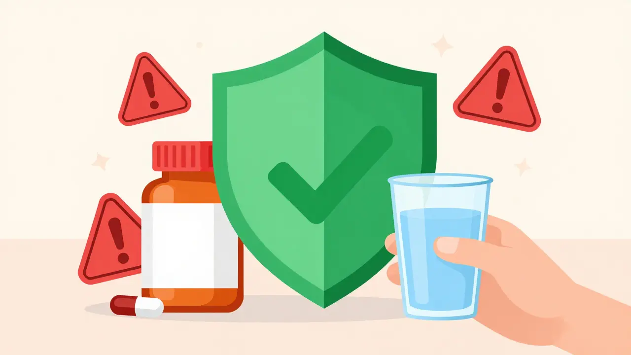 Escudo verde protegiendo medicinas de fraudes con vaso de agua