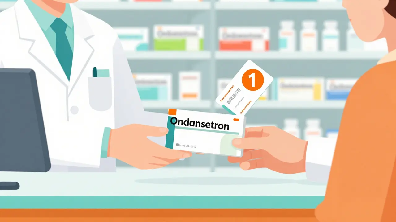 Farmacéutico entregando medicamento genérico con descuento al cliente