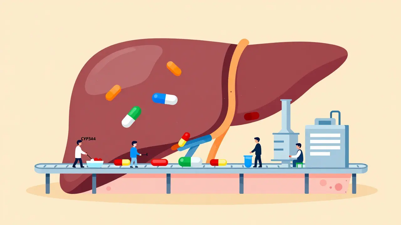 Hígado como fábrica procesando enzimas CYP y medicamentos