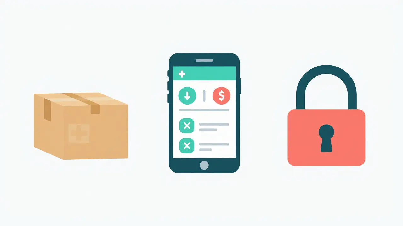Iconos planos de envío farmacéutico, descuentos y seguridad digital