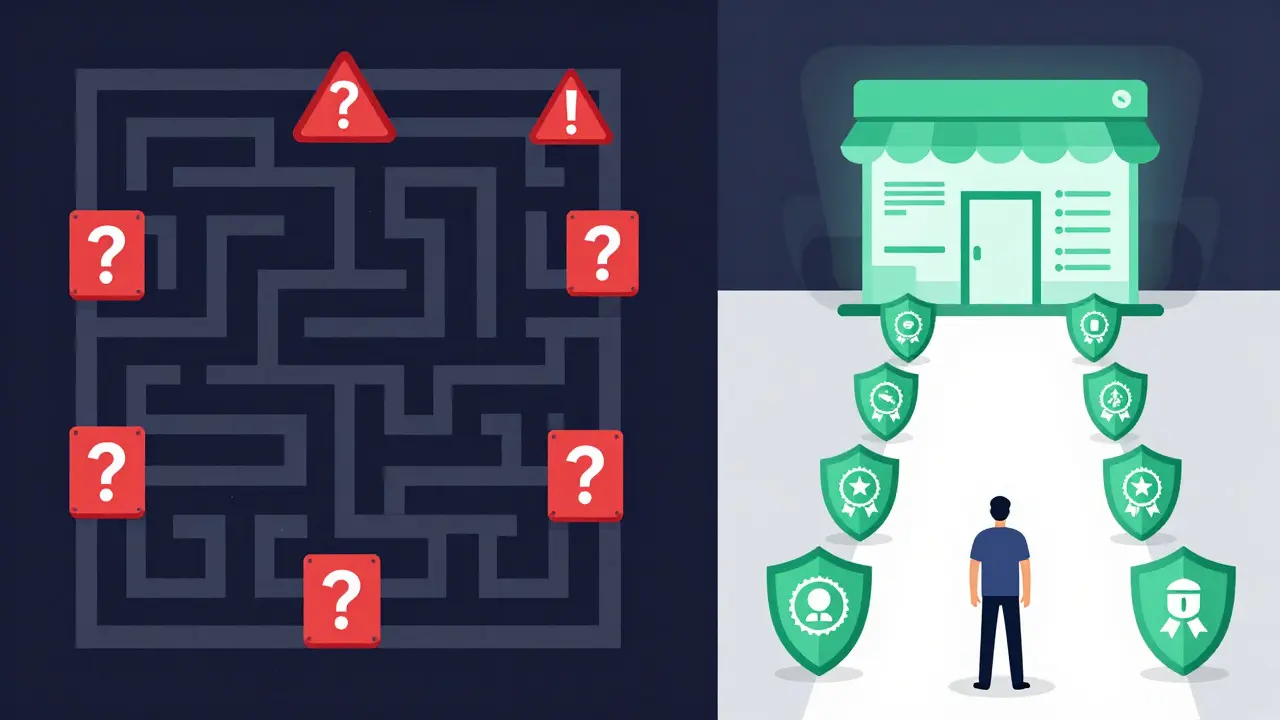 Ilustración de camino seguro vs riesgo en farmacias online