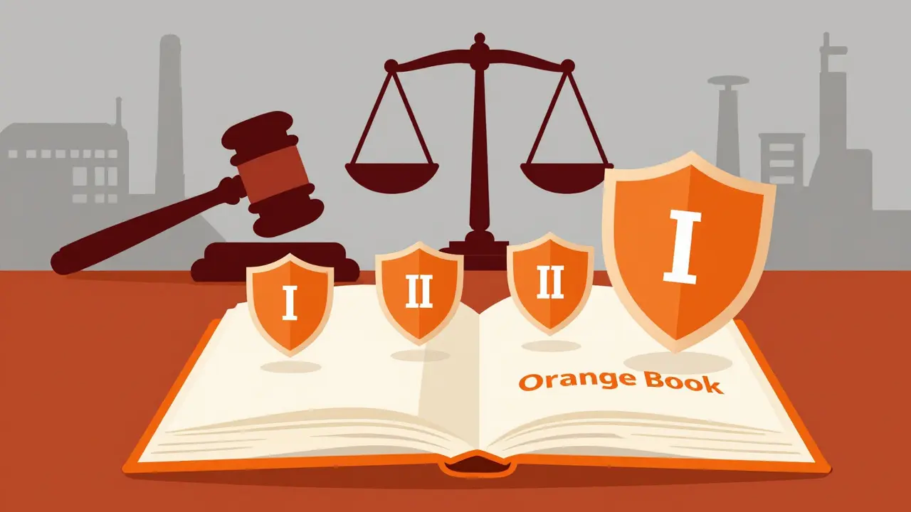 Libro naranja con escudos de patentes y balanza legal en estilo plano
