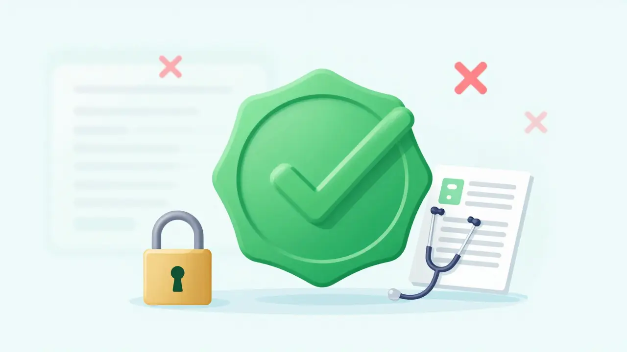 Símbolo de verificación verde indicando compra segura de medicamentos