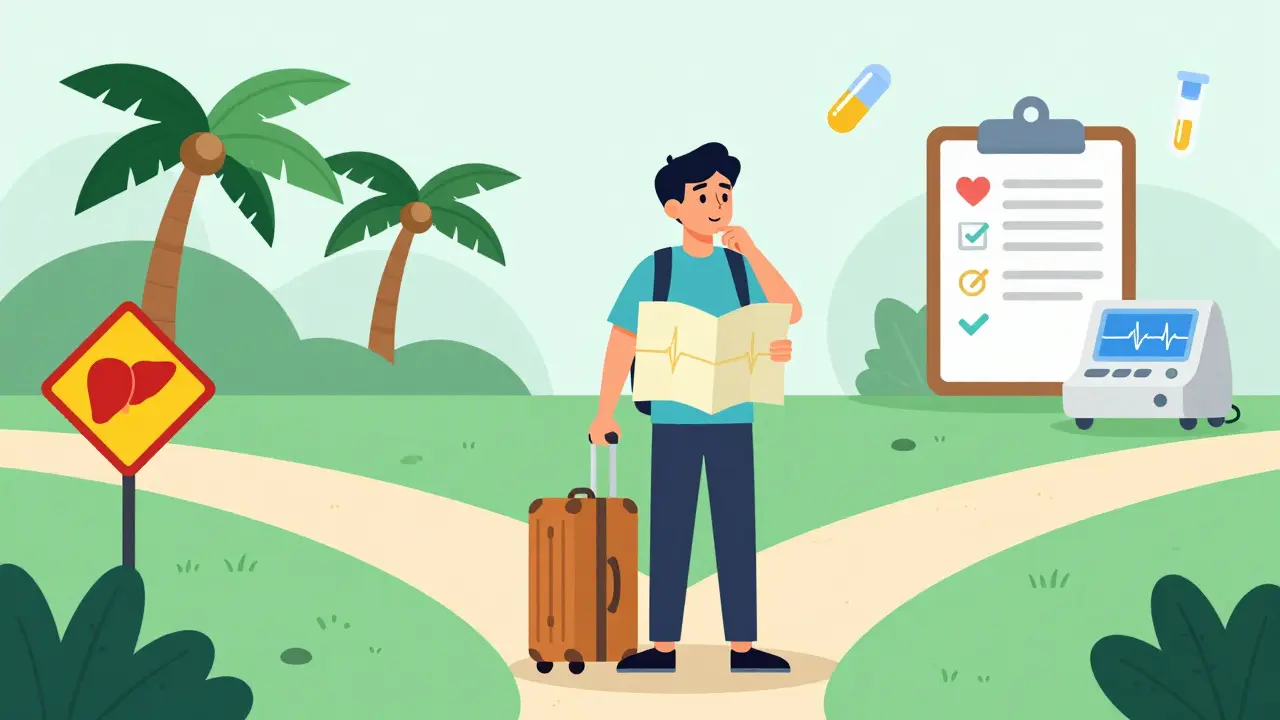 Viajero planeando viaje con precauciones de salud y mapas