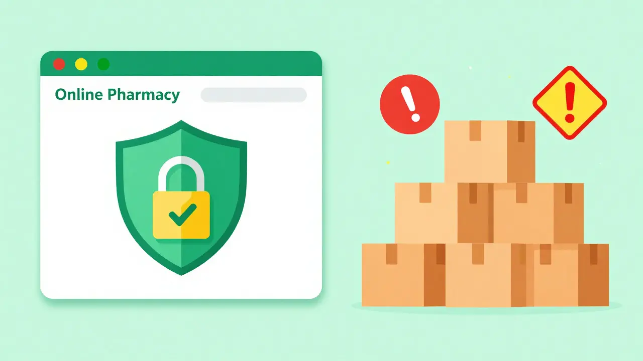 Comparación ilustrada entre farmacias seguras y vendedores fraudulentos