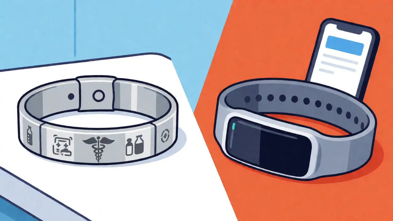 Comparación ilustrada entre pulsera de metal grabado y pulsera inteligente moderna.