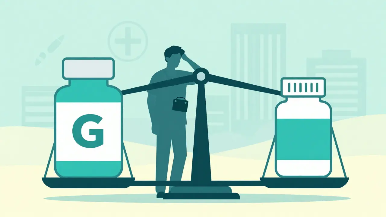 Concepto ilustrativo de una balanza que compara medicamentos genéricos y originales bajo presión financiera