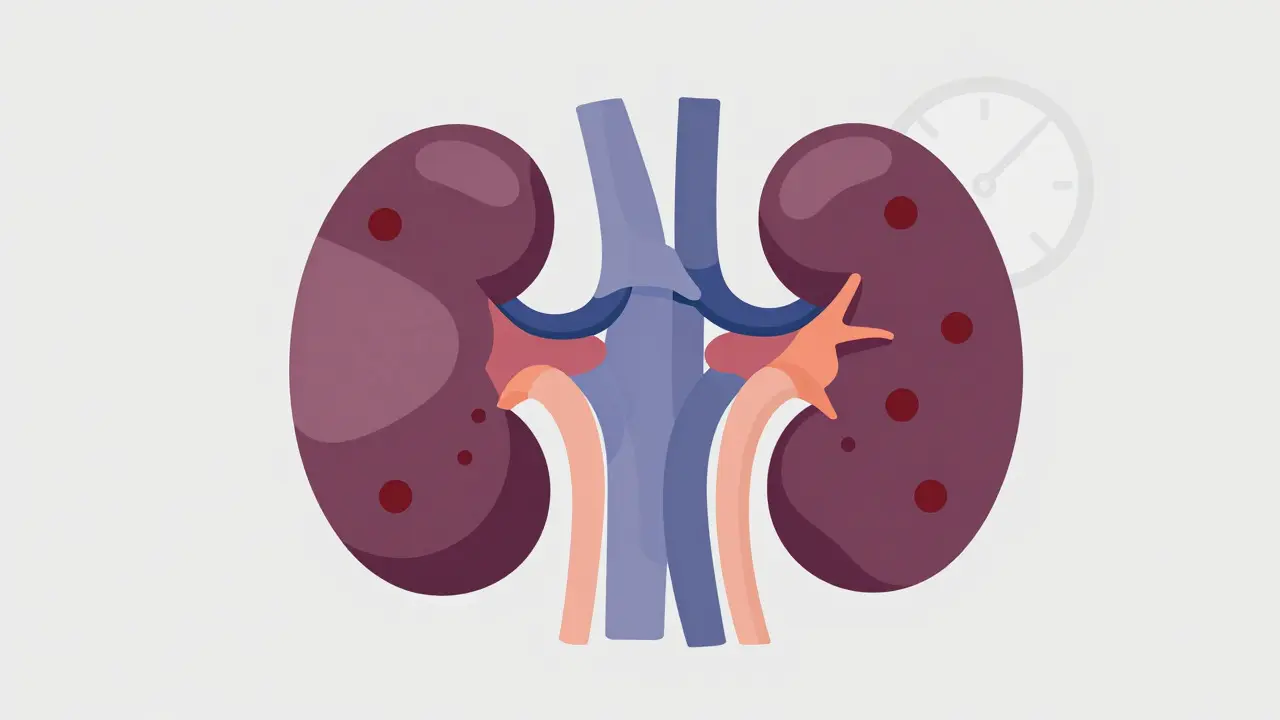 Dibujo plano de riñones con vasos sanguíneos estrechados que ilustran la reducción del flujo renal por antiinflamatorios.
