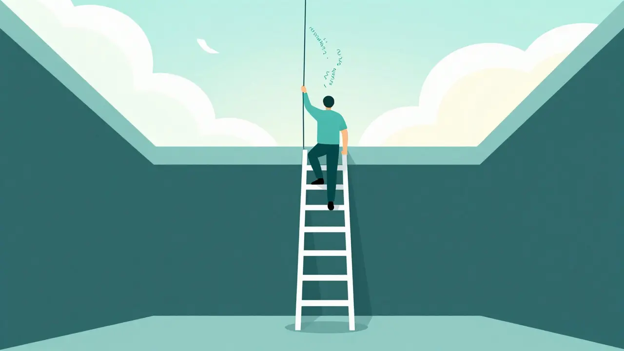 Dibujo vectorial de una escalera ascendente hacia la luz que simboliza el proceso de terapia ERP y la habituación