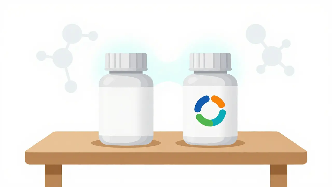 Dos frascos de medicamentos idénticos simbolizando la equivalencia entre genéricos y marcas