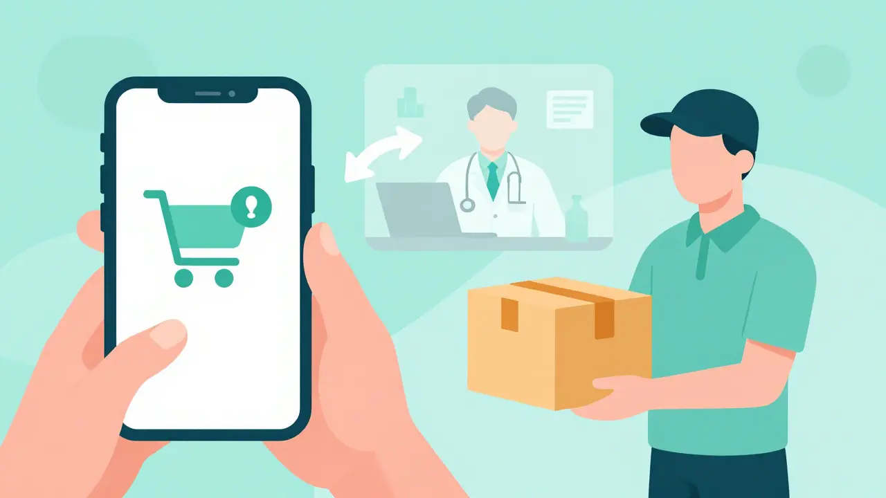 Escena dividida mostrando la compra online de medicación y la entrega a domicilio