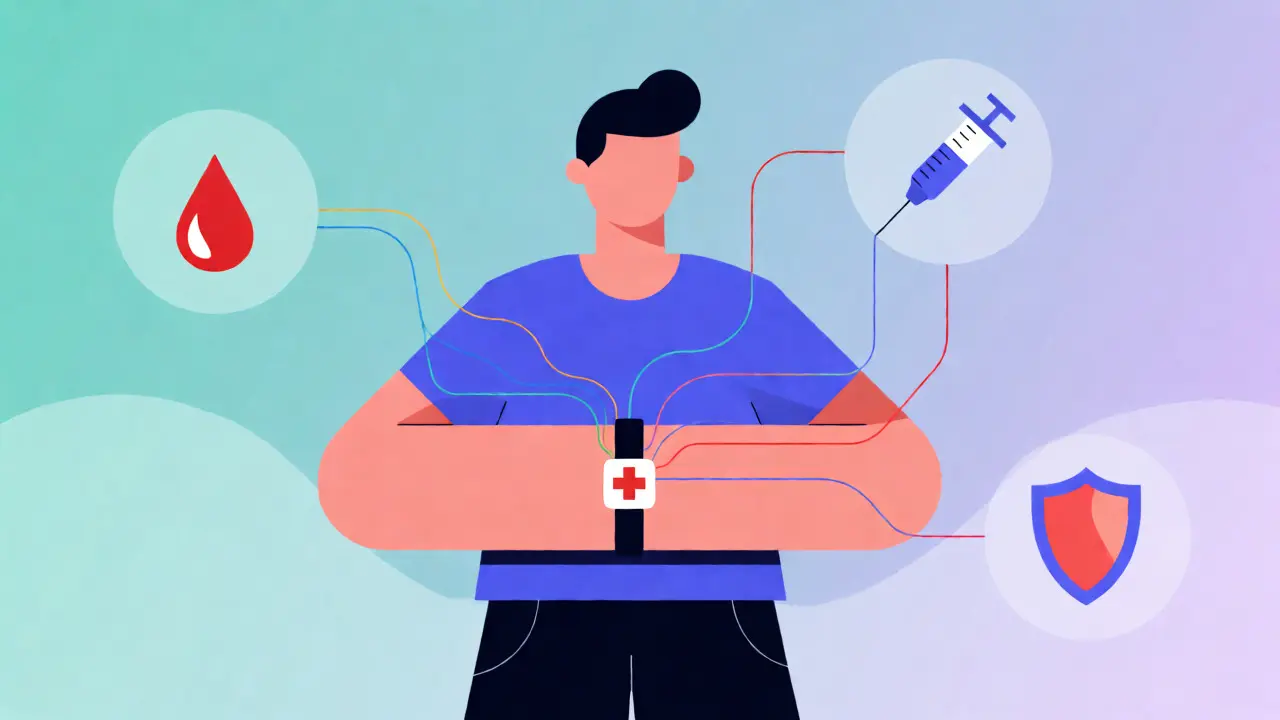 Ilustración conceptual de una pulsera médica conectando con iconos de salud y seguridad.